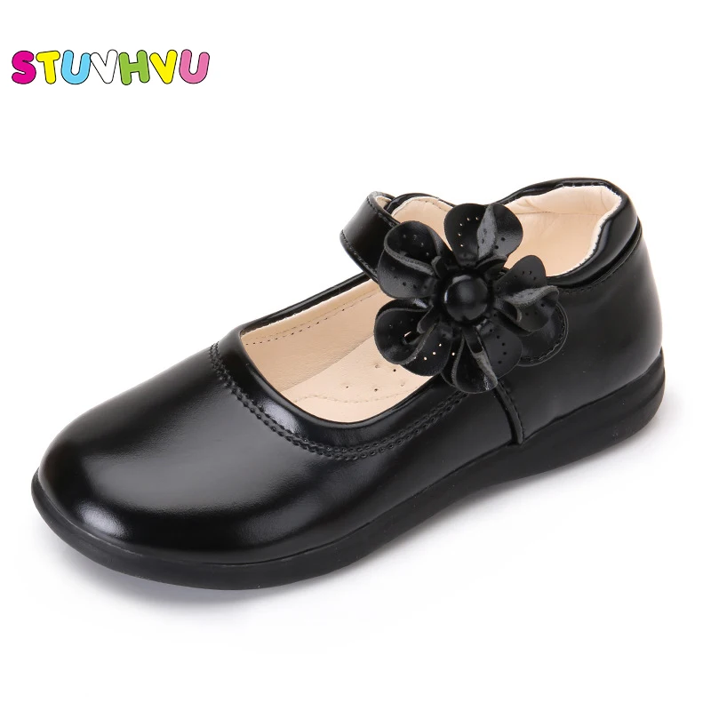 

Soft PU Full Balck Leather Shoes for Girls Spring Autumn Kids Single Shoes Student Sun Flowers Princess Shoes Peas Flat Shoes