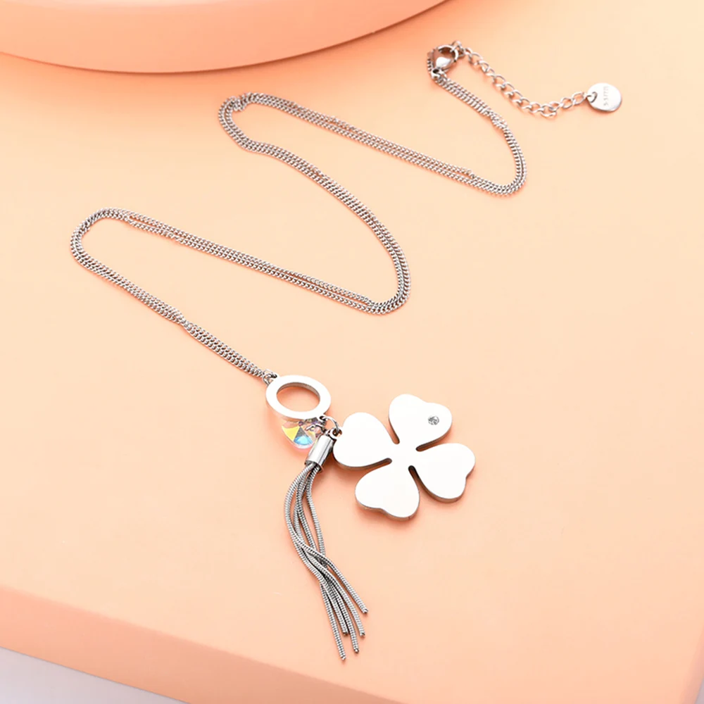 Color Four-leaf Clover Pendant Necklace Women Stainless Steel Crystal Heart Butterfly Tassel Long Style Jewelry Gift | Украшения и