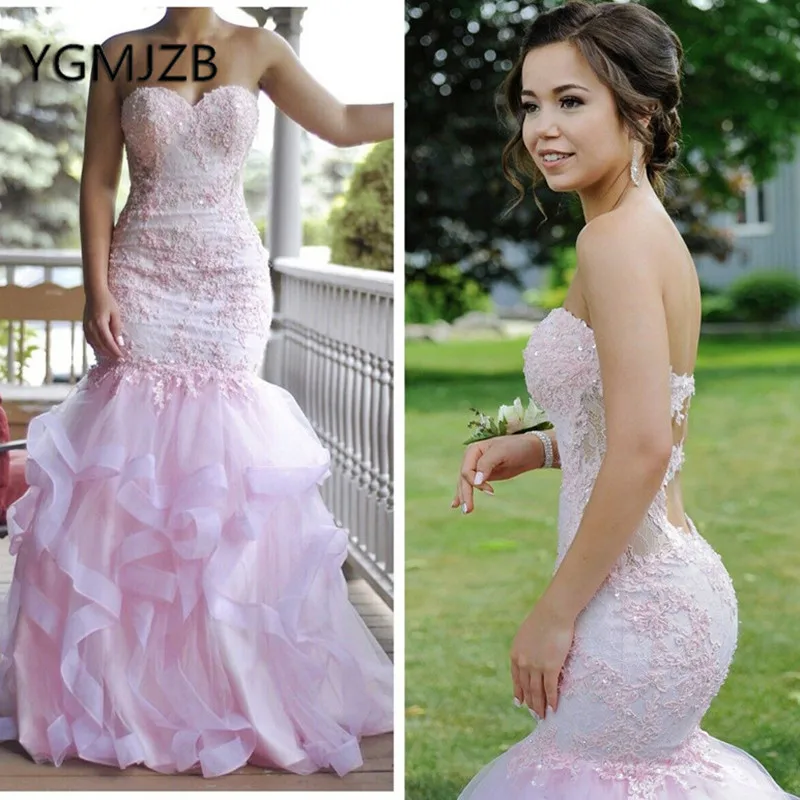 Женское свадебное платье с юбкой годе розовое длинное из органзы аппликацией