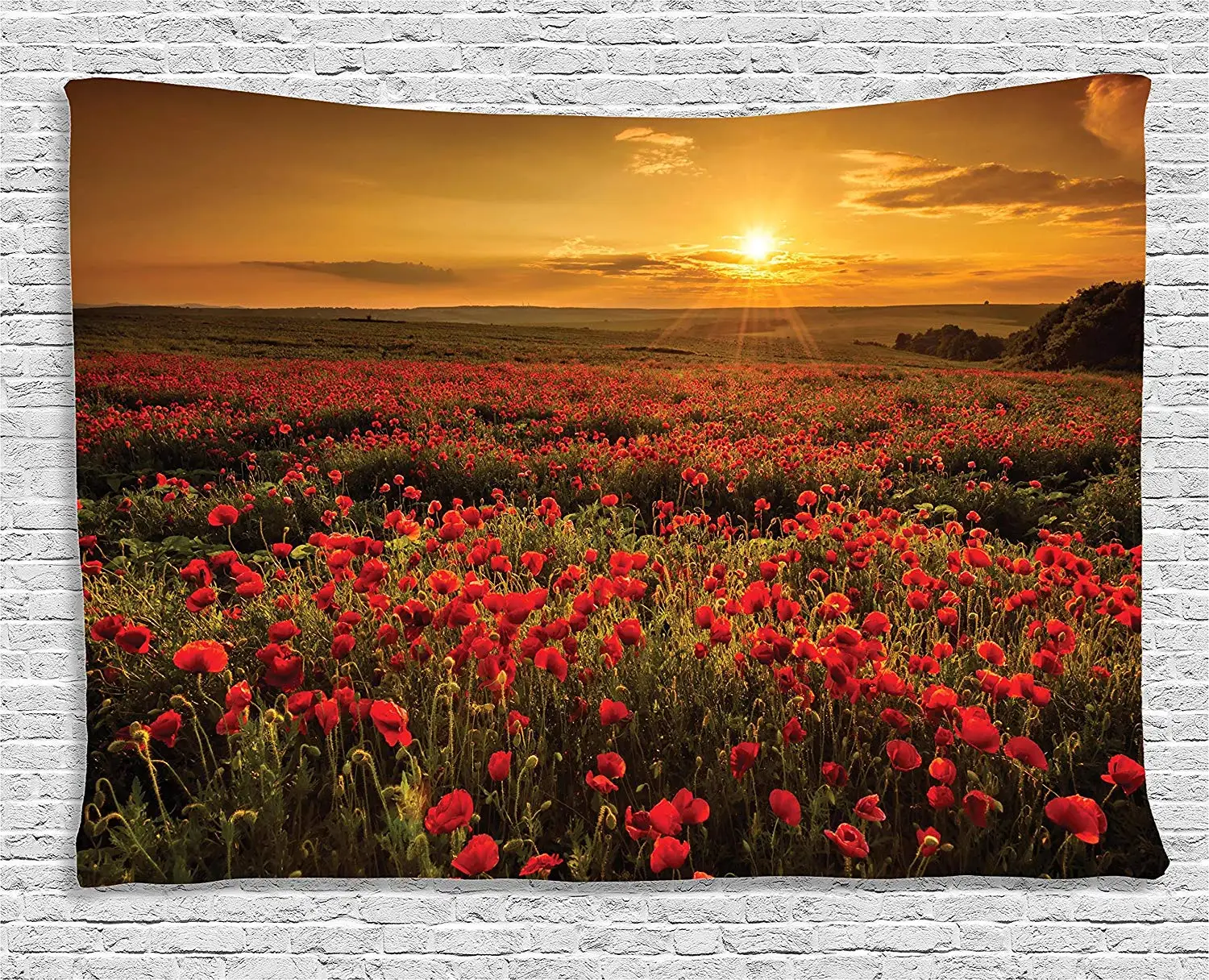 

Poppy Decor Tapestry Poppy Field at Sunset Sun Beams Meadow Cloudscape Wildflower Scene Wall Hanging Bedroom Living Room