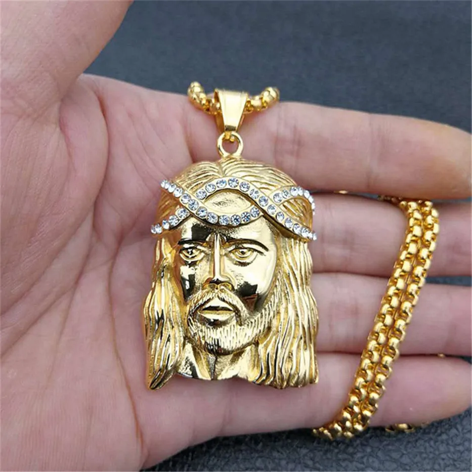 Купи Women's & Men's Necklace Jesus Head Piece Pendant With Stainlees Steel Chain And Iced Out Rhinestones Necklace Hip Hop Jewelry за 677 рублей в магазине AliExpress