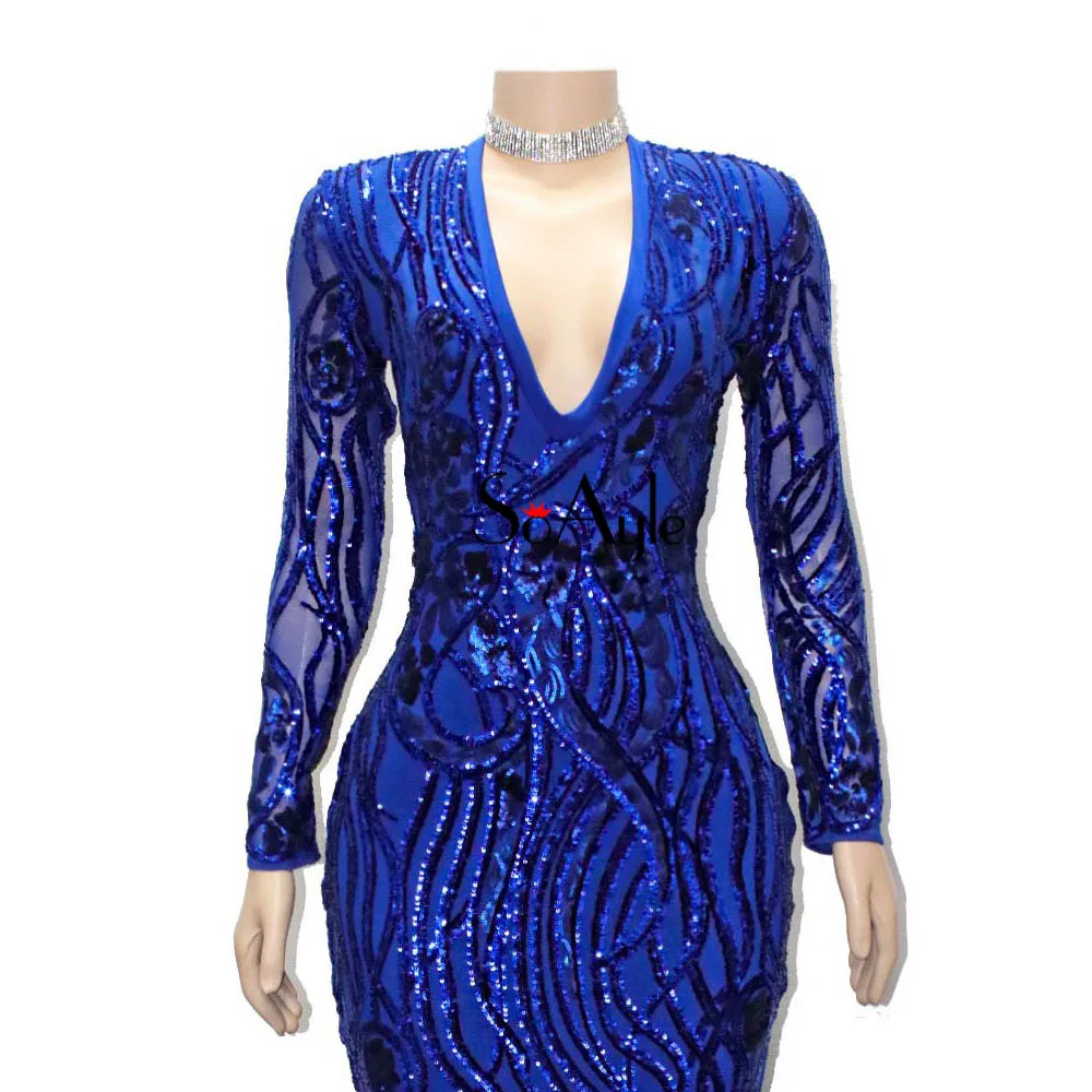 SoAyle Real Picture Major Sequined Blue Prom Dresses Deep V-Neck Long Sleeves  Dresses 2018 vestido de noiva Longo abiye  H