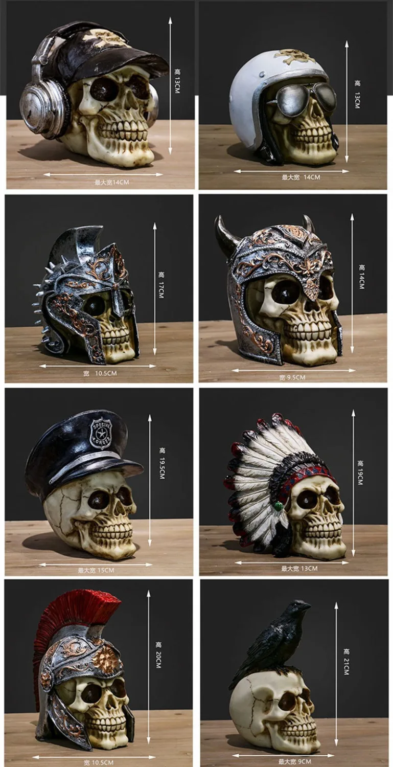 

[Crafts] Retro Sculpture Art Carving Pirate Indian Soldier Pilot Skull ornament figure model Statue Home Decorations Figurines