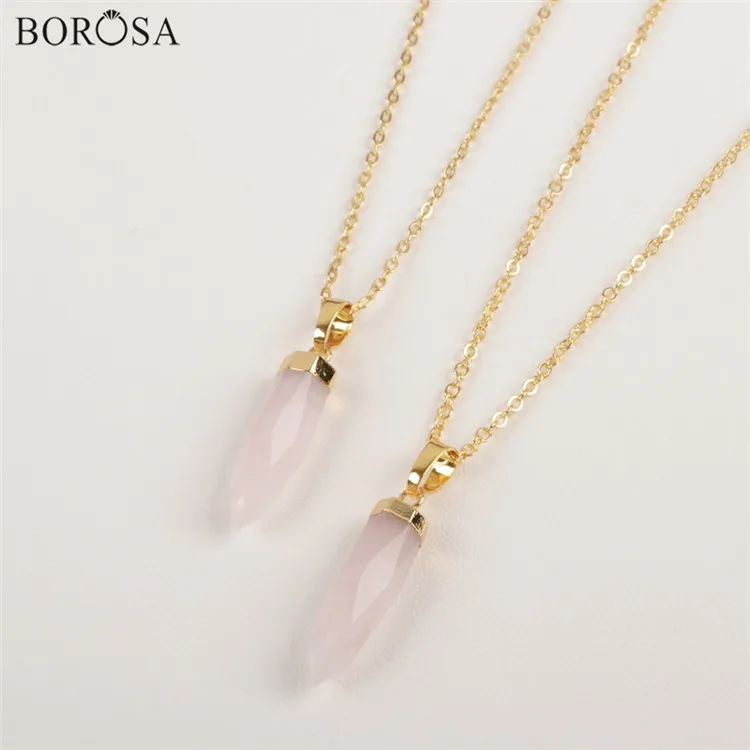 Pink Quartz BOROSA Золотая отделка карандаш точка черные ограненные Агаты камень ожерелье медальон натуральный камень ювелирные изделия - Окраска металла: Pink Quartz