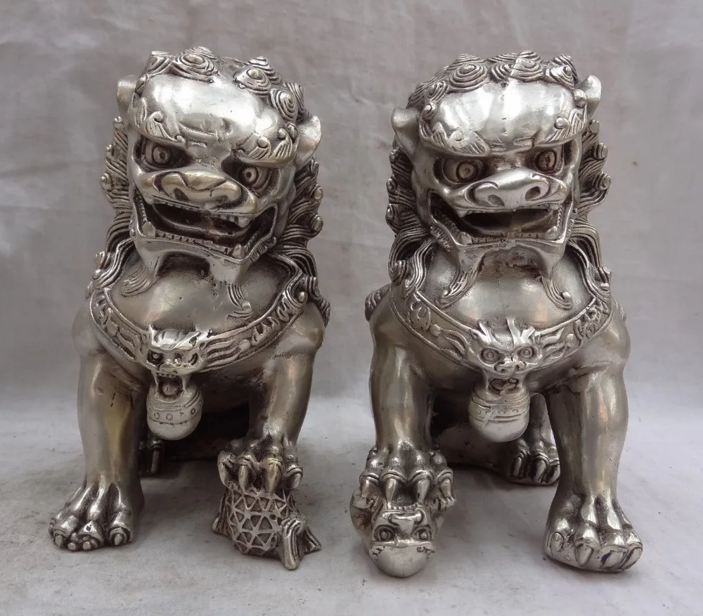 

decoration bronze factory outlets Tibet Silver FengShui Chinese Silver Wealth Animals Foo Fu Dog Lion Ball Brass Statue Pair