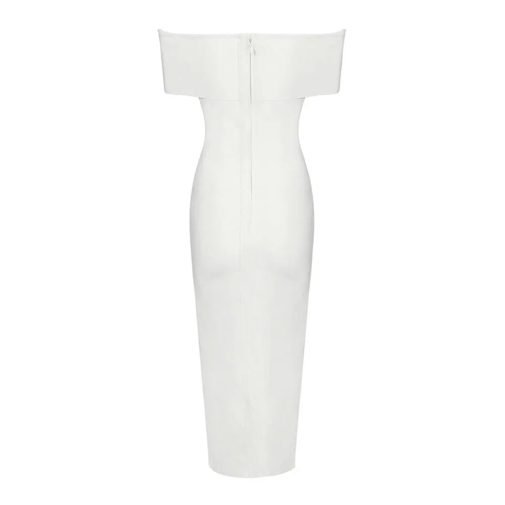 

off shoulder elastic knitted rayon white new fashion 2017 open fork split midi hl bodycon bandage dress