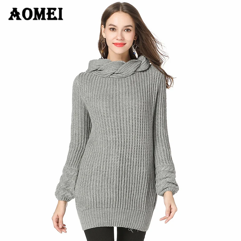 2019 New Autumn High Collar Long Sleeve Solid Color Wine Red Gray Loose Big Size Warm Knitting Sweater Women Fashion Tide Jumper | Женская