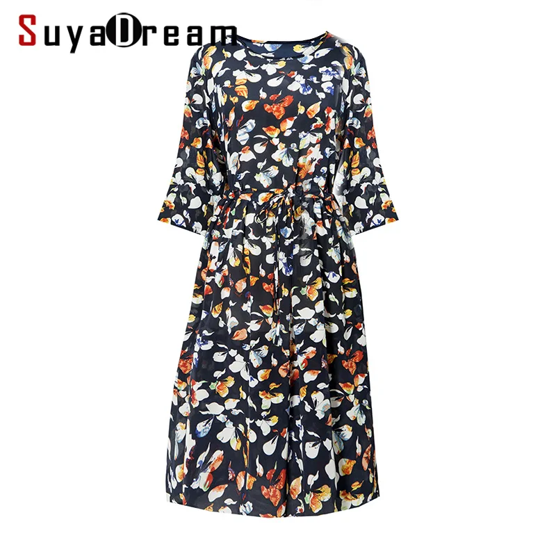 Для женщин платье с принтом 100% шелковый креп Повседневное длинное кружевное