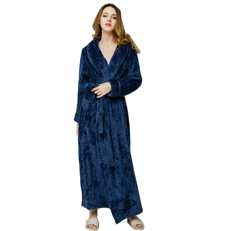 women navy blue Длинный халат для влюбленных, банный халат с длинным рукавом, флисовый халат для мужчин, махровый банный халат, фланелевые халаты - Цвет: women navy blue