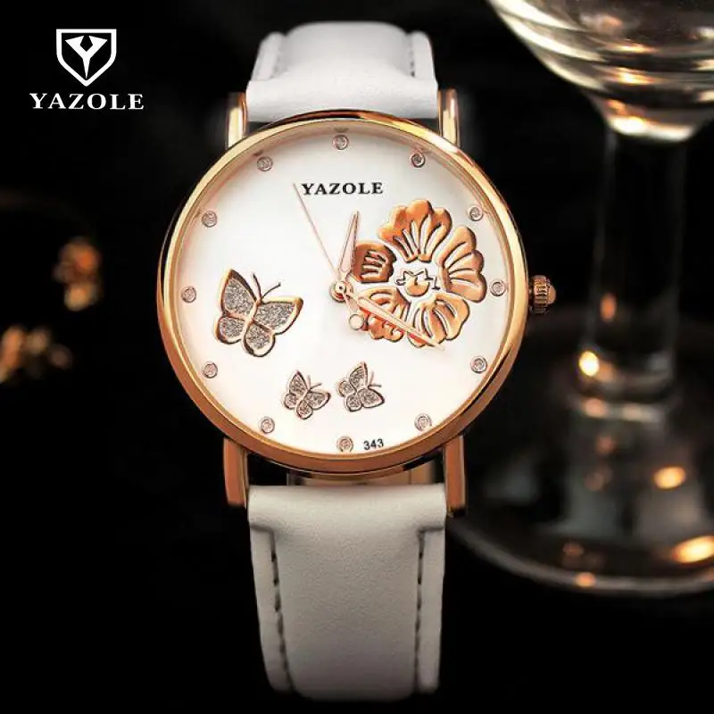 Кварцевые наручные часы YAZOLE из натуральной кожи с цветами-бабочками на свадьбу