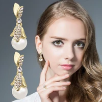 lyiyunq fashion flower crystal earring vintage leaf rhinestone jewelry classic long pearl stud earrings for women