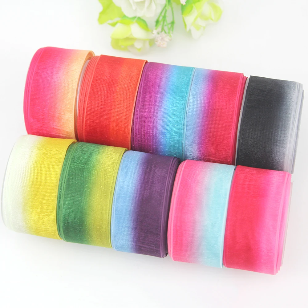 

Free shipping rainbow gradient color organza sheer ribbon 25mm 25 yards gift wrapping wedding decoration DIY hair bow ribbons