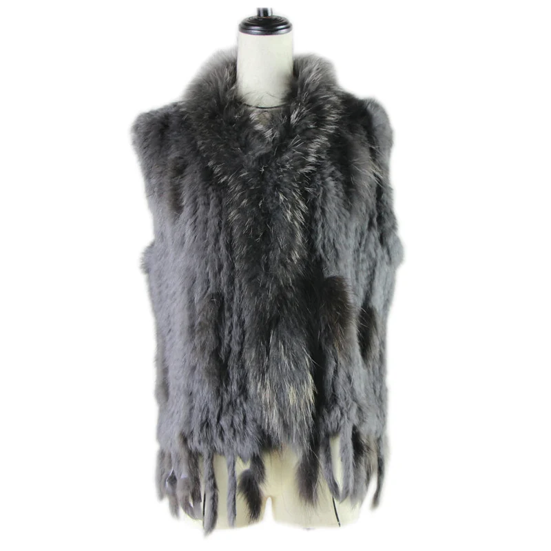 Spring Autum Women's  Natural Real Rabbit Fur Vest With Raccoon fur Collar Knit waistcoat/jackets rex rabbit Short Vest Big Size