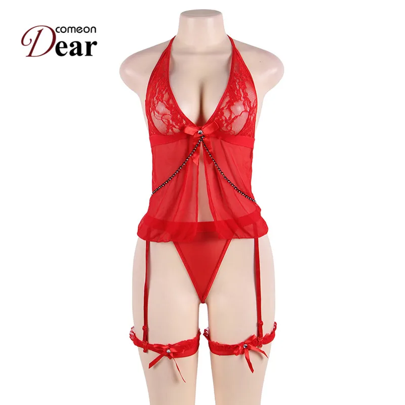 Comeondear Tenue сексуальное эротическое прозрачное Сетчатое белье с лямкой на шее размера плюс, сексуальное женское белье Dentelle, платье+ стринги, сексуальное ночное белье RJ7356