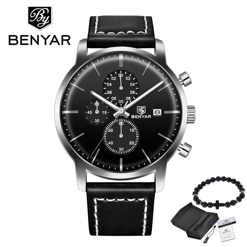 leather all black BENYAR новые мужские часы бизнес полностью Стальные кварцевые лучший бренд класса люкс повседневные Водонепроницаемые кожаные спортивные мужские наручные часы Relogio - Цвет: leather all black