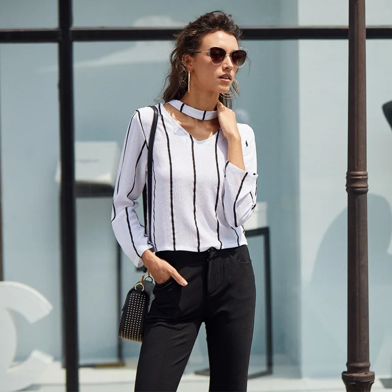 Полосатый скрещенный Передний эластичный подол Женские Гавайские блузки с