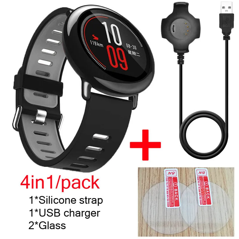 black-gray 4в1 ремешок для оригинальных часов Xiaomi Huami Amazfit pace силиконовый ремешок для умных часов+ USB кабель для зарядки док-станция+ стеклянная защита для экрана - Цвет: black-gray