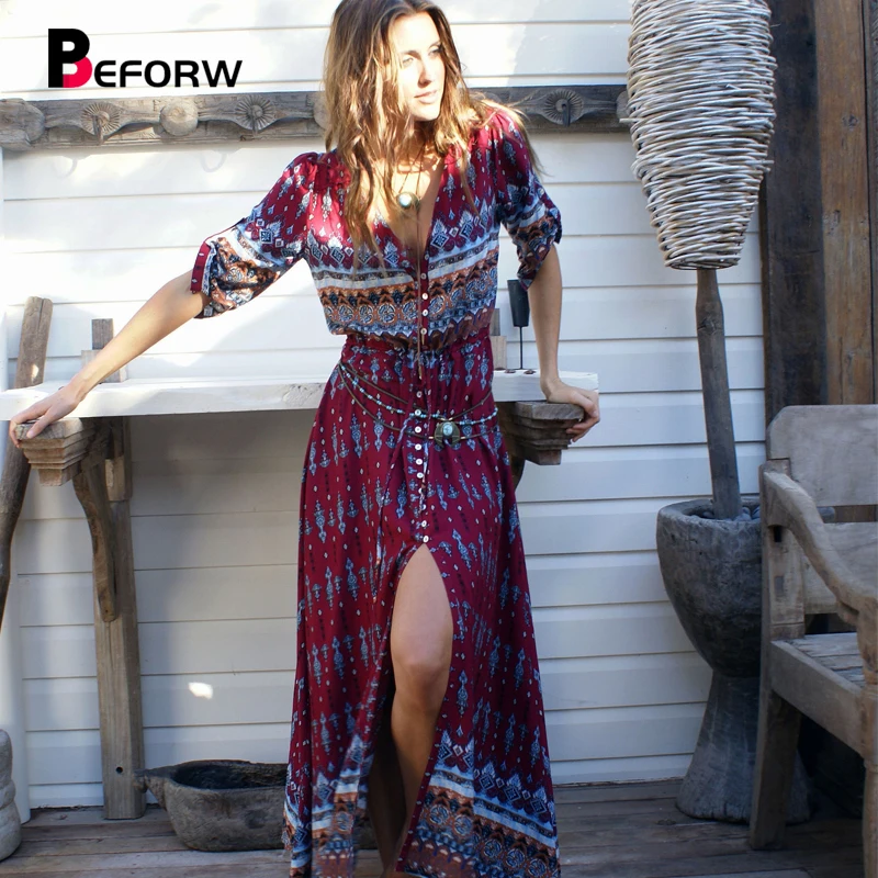 BEFORW Bohemia V-neck Long Maxi Women Dresses Floral Print Ethnic Beach Women's Summer Fashion Split Sexy dress Female Clothing | Женская