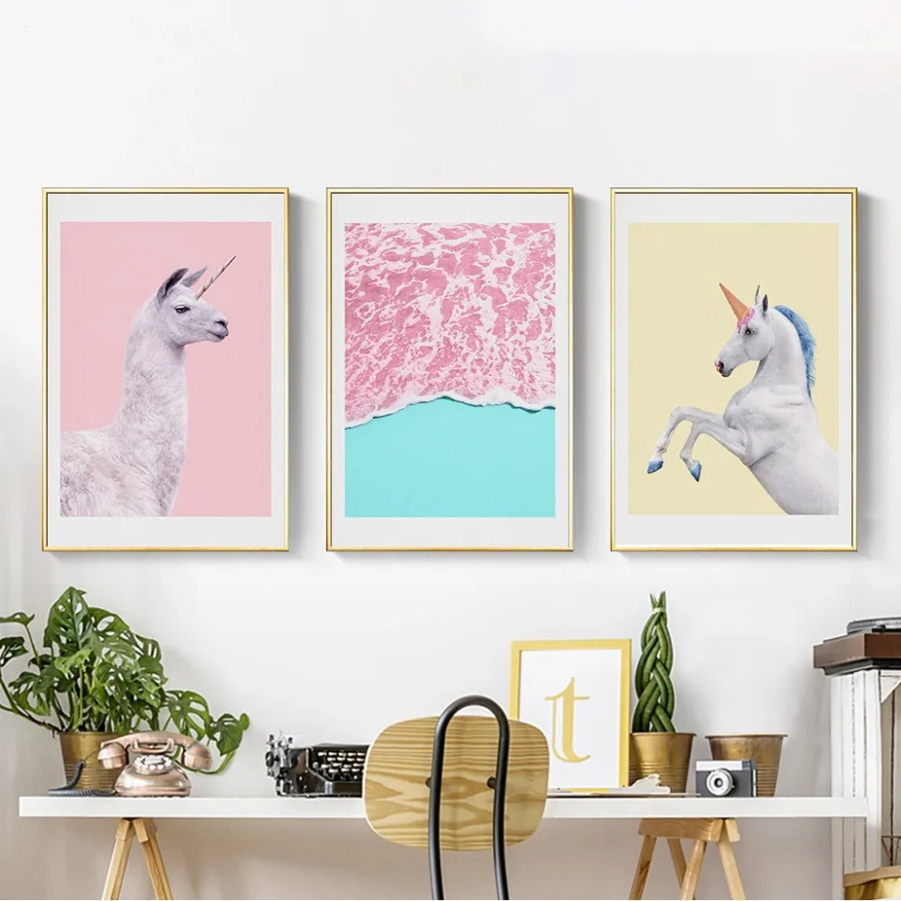 

Modern Unfrtamed White Horse Animal Poster Wall Art Prints Sea Landscape Canvas Painting Pink Decoration Children-s For BedRoom