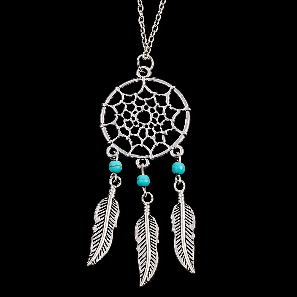 Полые ретро древний серебряный Dream Catcher/Листья Цепочки и ожерелья чешские синий