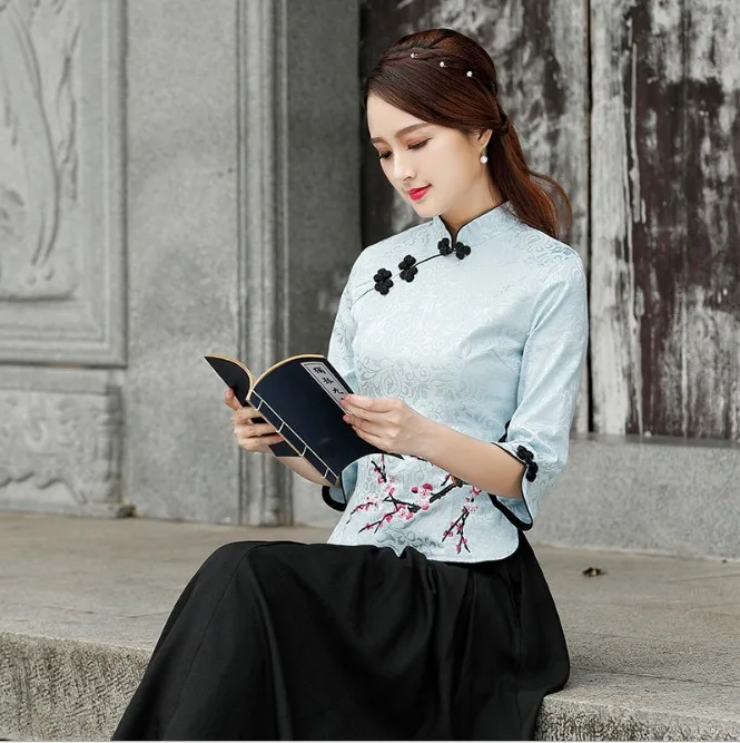 Женский китайский Топ Cheongsam, блузка из хлопка с вышивкой сливы, 7 точек, рукав Tang 4XL размера плюс - Цвет: Синий