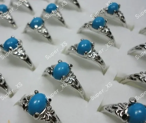 

30Pcs/Lot Blue Malay Jade Light Sky Blue Turquoise Silver Plated Rings for Women Whole Jewelry Bulk Rings Lots LR056