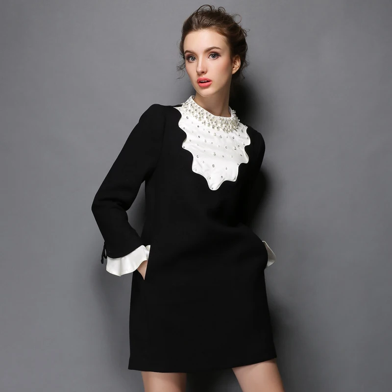 Осенне зимняя Дамская обувь украшенные бисером Mock Neck с длинным рукавом черный
