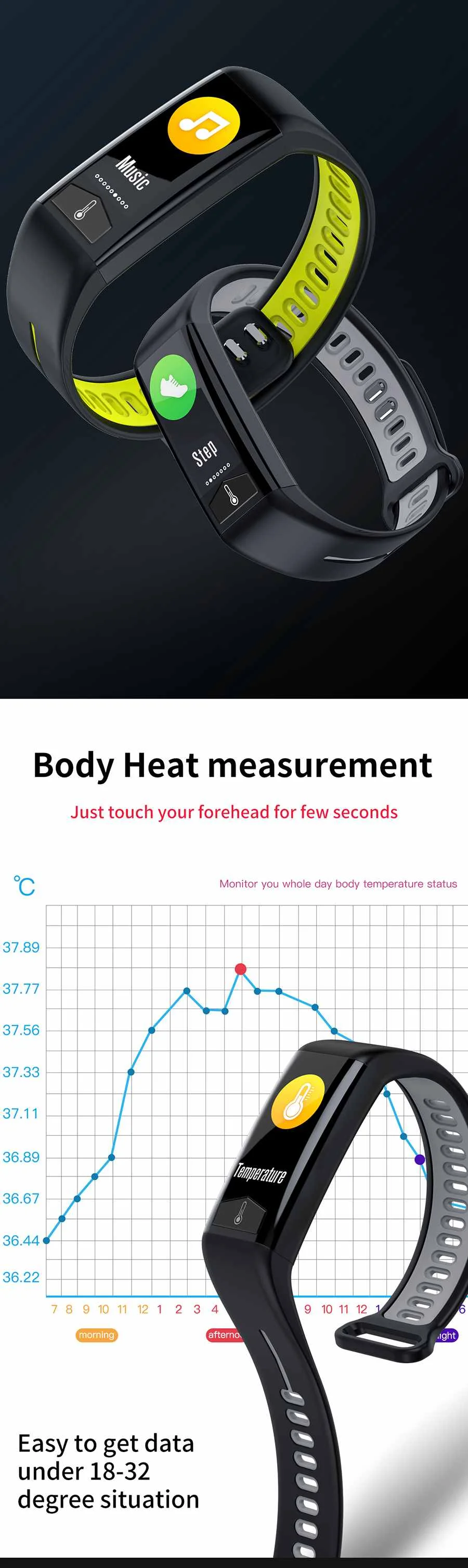 Bakeey T02 температура тела пульсометр IP68 Водонепроницаемый запись активности Bluetooth Музыка погода здоровье Смарт часы группа