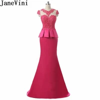 janevini elegant hot pink beaded evening wear illusion neck lace satin mermaid long mother of the bride dresses with peplum 2019