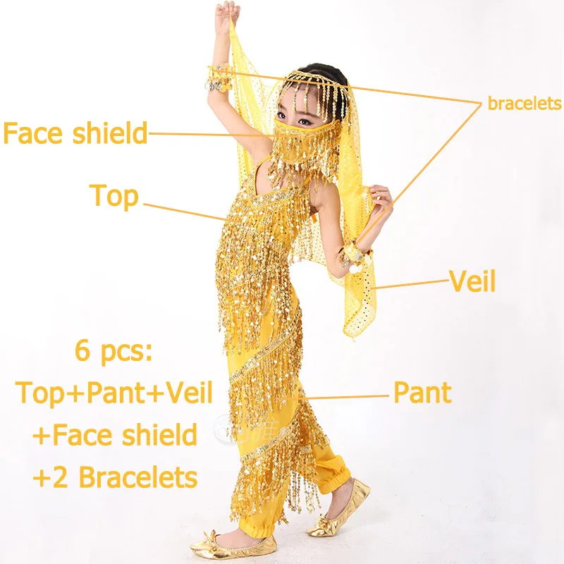 yellow 6 pcs Детский танец живота комплект детская одежда для индийских танцев Детские костюмы танцевальный, ткань с блестками, с кисточками, сценический костюм комплект из 3 предметов, 6 шт - Цвет: yellow 6 pcs