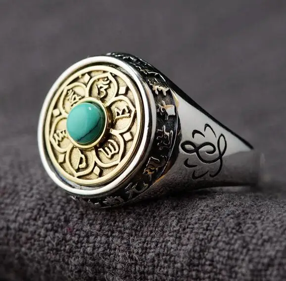Golden Turquoise 925 серебро тибетская шесть слов пословица спиннинговое кольцо 925 пробы поворотное кольцо на удачу буддийская ОМ мантра - Цвет основного камня: Golden Turquoise