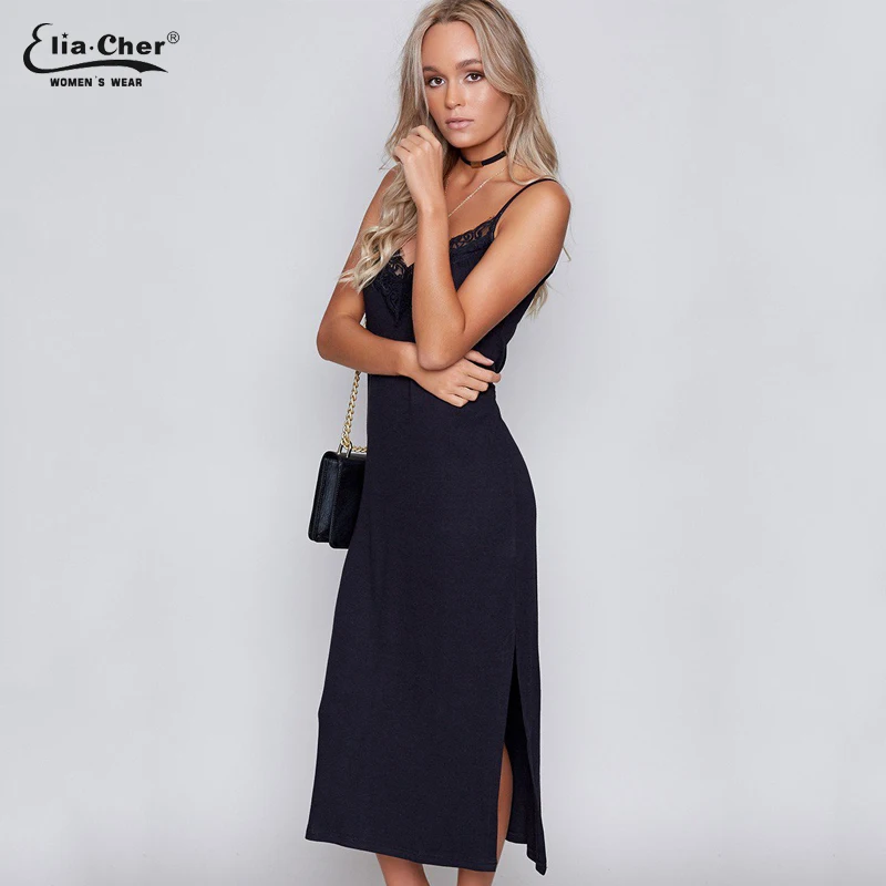 Женское платье на бретелях-спагетти элегантное однотонное длинное без рукавов