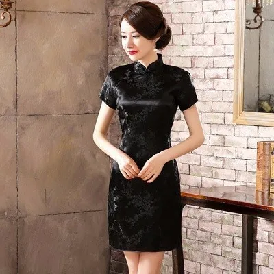 Black Женское золотое платье Ципао платья дракон феникс короткий Qipao Плюс Размер 6XL XXXL Cheongsam платье в традиционном китайском стиле - Цвет: Black
