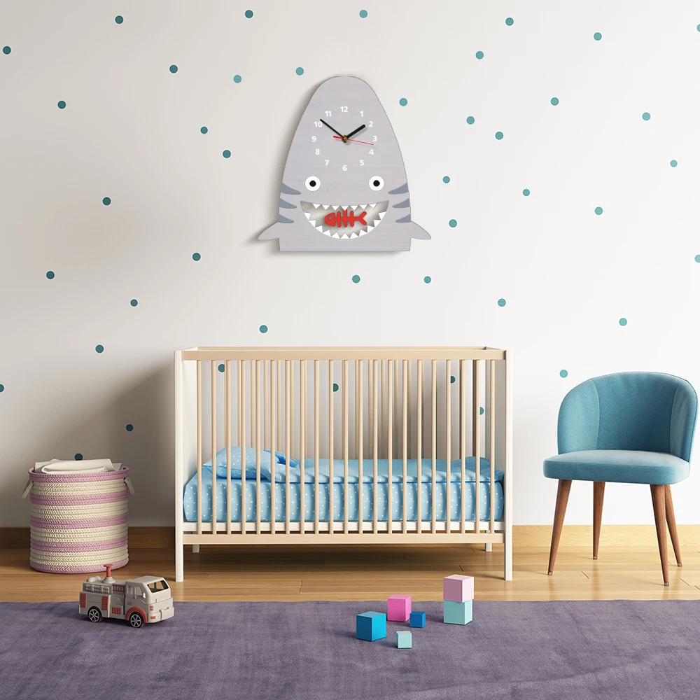Милые Мультяшные акулы деревянные маятниковые настенные часы детские