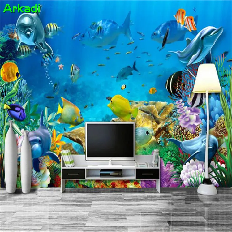 3d Wallpaper Custom Photo Sea Undersea World Dolphin Children Room 3D Wall Living TV Background Paper Mural | Обустройство дома