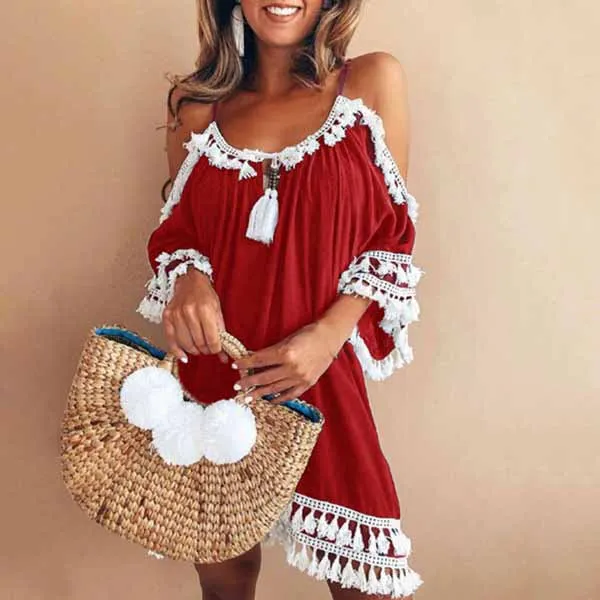 2019 Summer Women Short Dress Off Shoulder Party Tassel Bohemian Fashion Ethnic Style Beach Dresses | Женская одежда