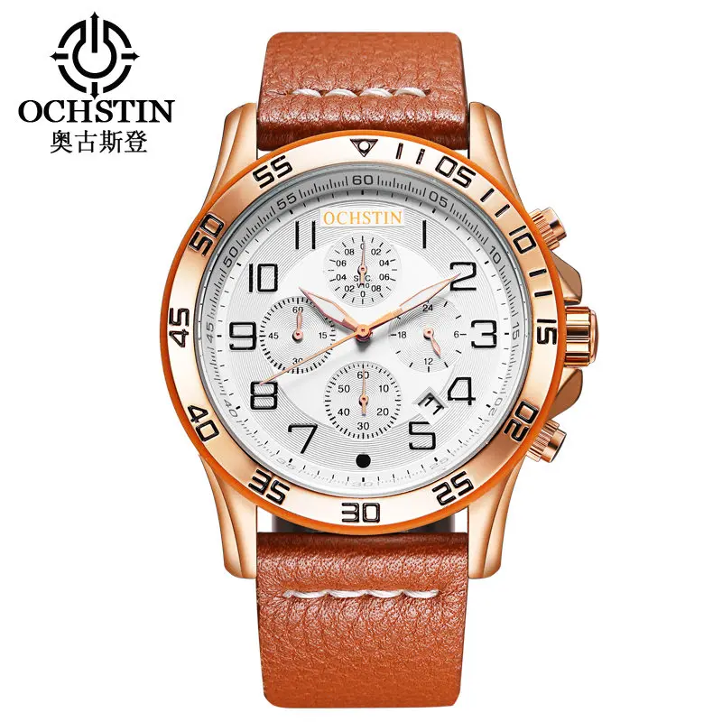 brown white OCHSTIN Мужские Аналоговые кварцевые часы 24 часа с датой, мужские водонепроницаемые часы с хронографом, мужские спортивные наручные часы из натуральной кожи 068B - Цвет: brown white
