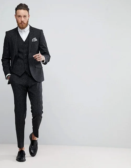 

Latest Design Dark Grey Tweed Mens Suits Groom Wedding Prom Slim Fit Mens Suit Terno Masculino Suits 3Pcs(Jacket+Pant+Vest)