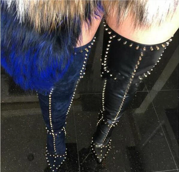 Мода 2017 г. Для женщин сапоги до бедра острый носок высокий каблук Спайк пинетки