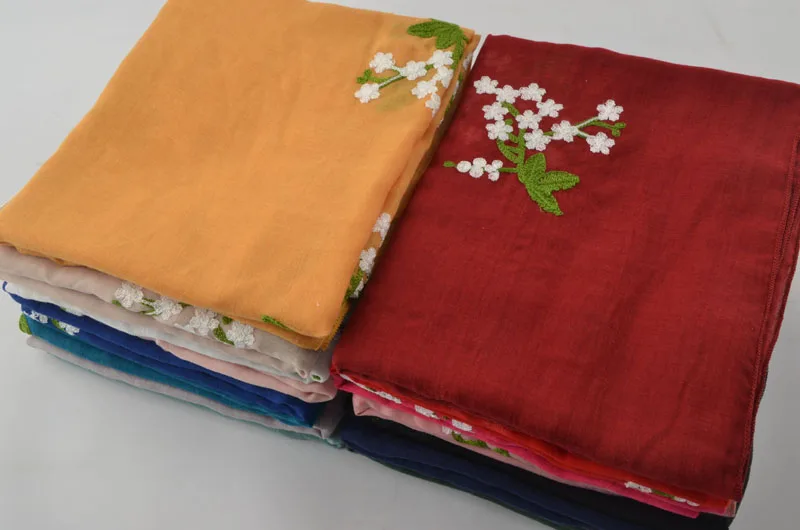 Простой Вышитый цветочный хлопковый шарф, пашмины из индийского, Foulards Sjaal мусульманский хиджаб, шали и шарфы, мусульманская вышивка