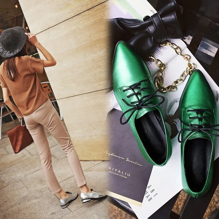 2017 Весной Новый Дерби Обувь Женская Острым Носом Босоножки Зеленый серебряный