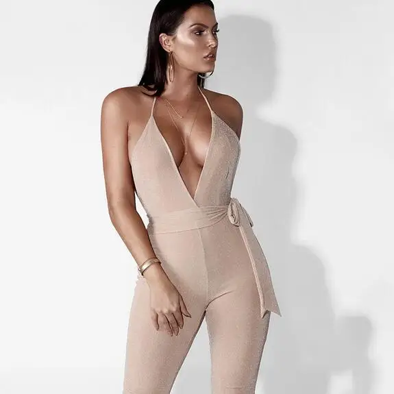 Холтер сексуальный комбинезон спинки Глубокий V шеи Пояса Bodycon Playsuit теленок Длина