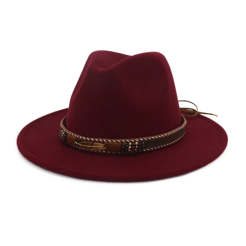 Burgundy QIUBOSS суперзвезда с широкими полями винтажные шерстяные фетровые шляпы для женщин Панама Федора для мужчин фетровая шляпа сомбреро Chapeau Femme Gambler Trilby - Цвет: Burgundy