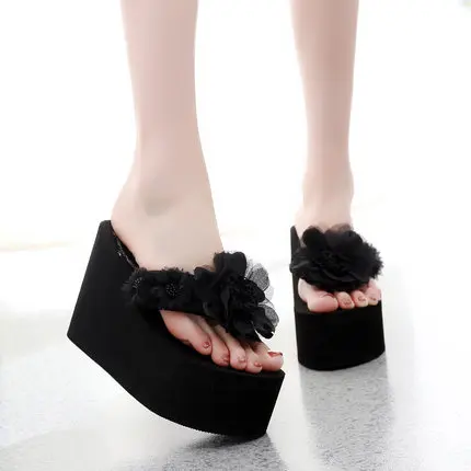 black 11cm style1 Женские шлепанцы на танкетке и высоком каблуке Женская обувь г. Новые модные летние пляжные сандалии красного цвета с толстой подошвой вьетнамки - Цвет: black 11cm style1
