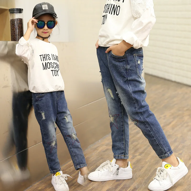 Осенние джинсы для девочек Новинка модные детские штаны в Корейском стиле со