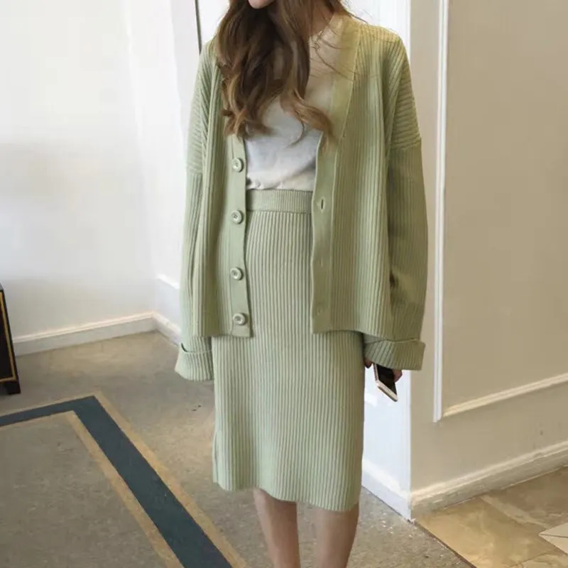 Осенне-зимний женский вязаный комплект из 2 предметов повседневный однобортный