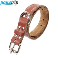 strong genuine cow leather pet dog collar solid color double lines large dog collar 2 53 03 5 width