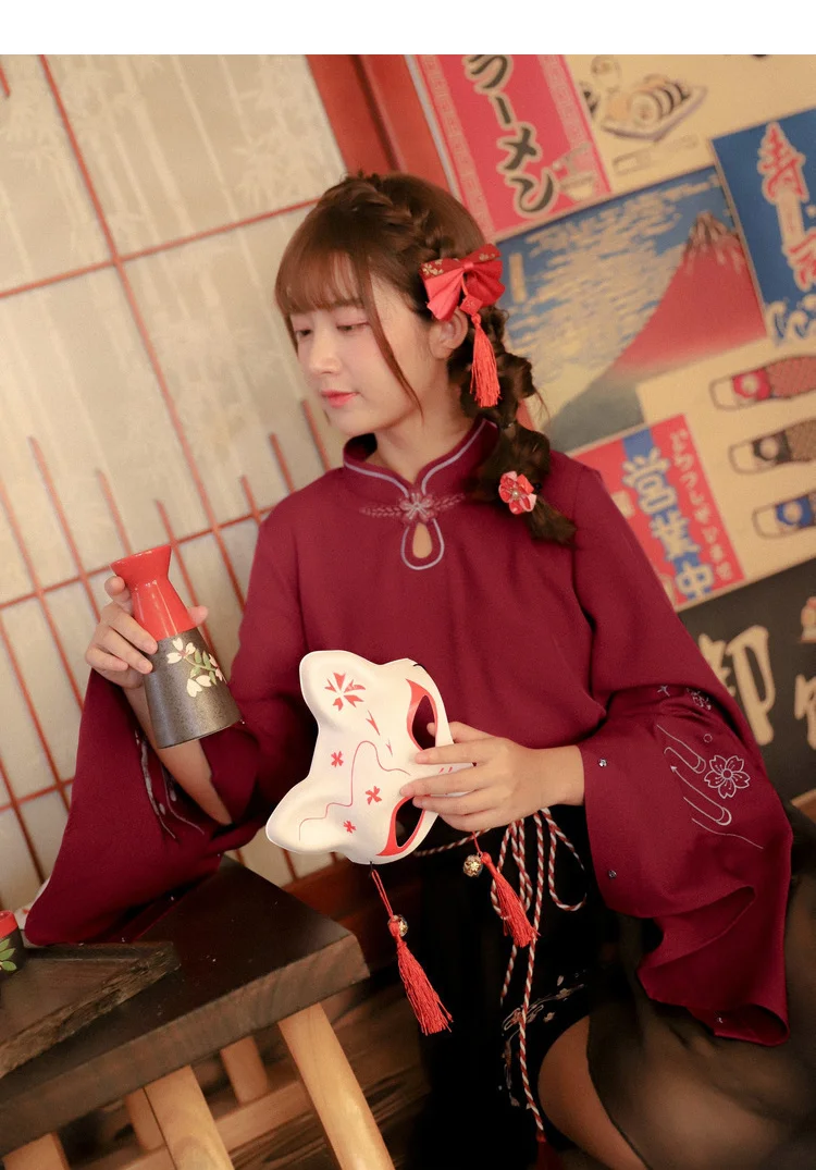 Новинка Осень 2018 Женская винтажная рубашка в японском стиле с вышивкой Сакуры и