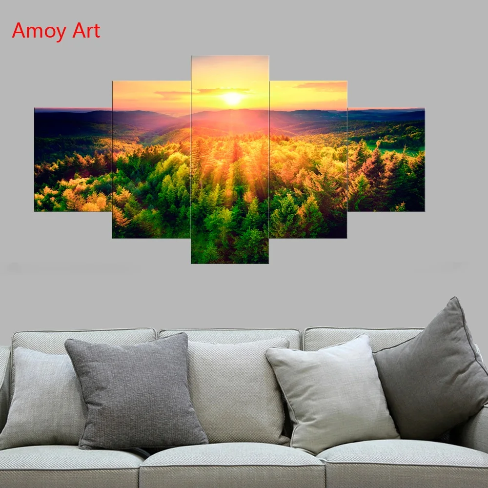 

modern wall art prints posters HD Printed 5 piece canvas art mountains woods sunset landscape wall painting for bedroom decor