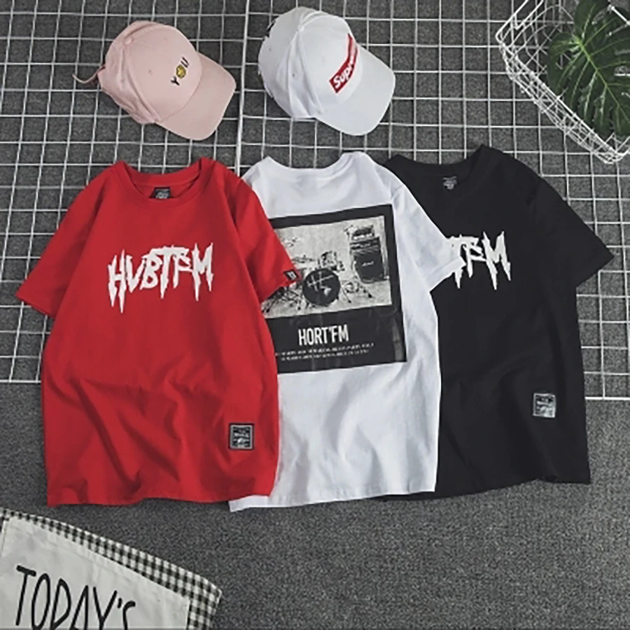 Oversize с принтом букв футболка для мужчин Забавный хлопок хип хоп Уличная черный